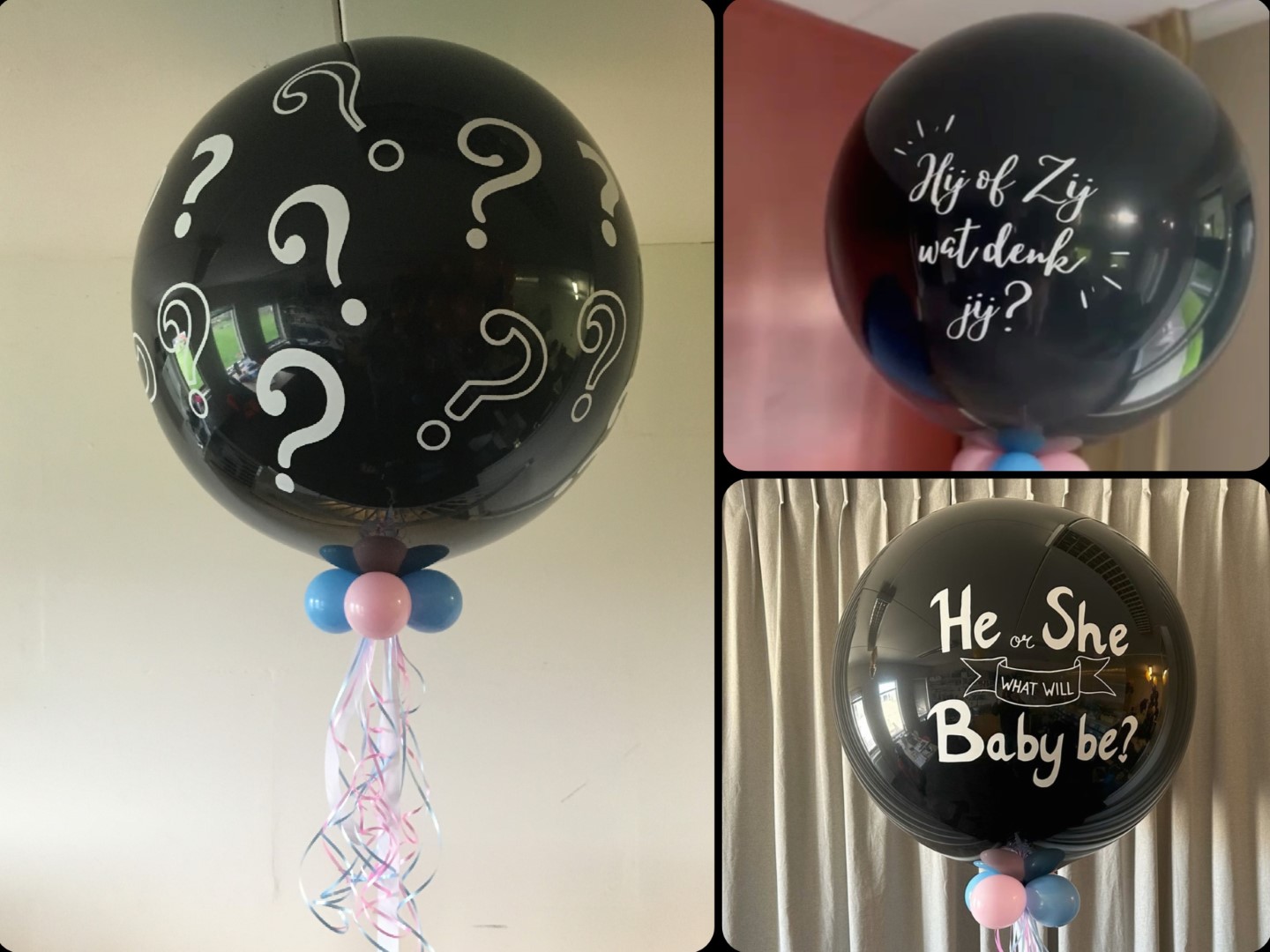 Gender Reveal Ballon, grote heliumballon gevuld met roze of blauwe heliumballonnen en confetti. Om met een knal het gender bekend te maken.