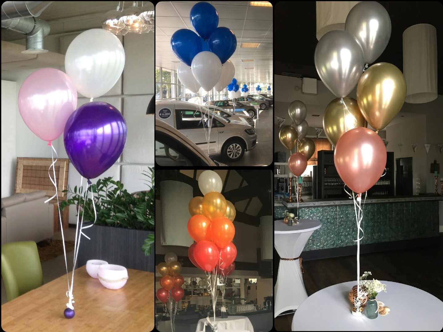 Tafelboeketten, samen te stellen met 3, 5, 7 of 10 heliumballonnen aan lint en voorzien van een ballongewichtje om op tafel te plaatsen.