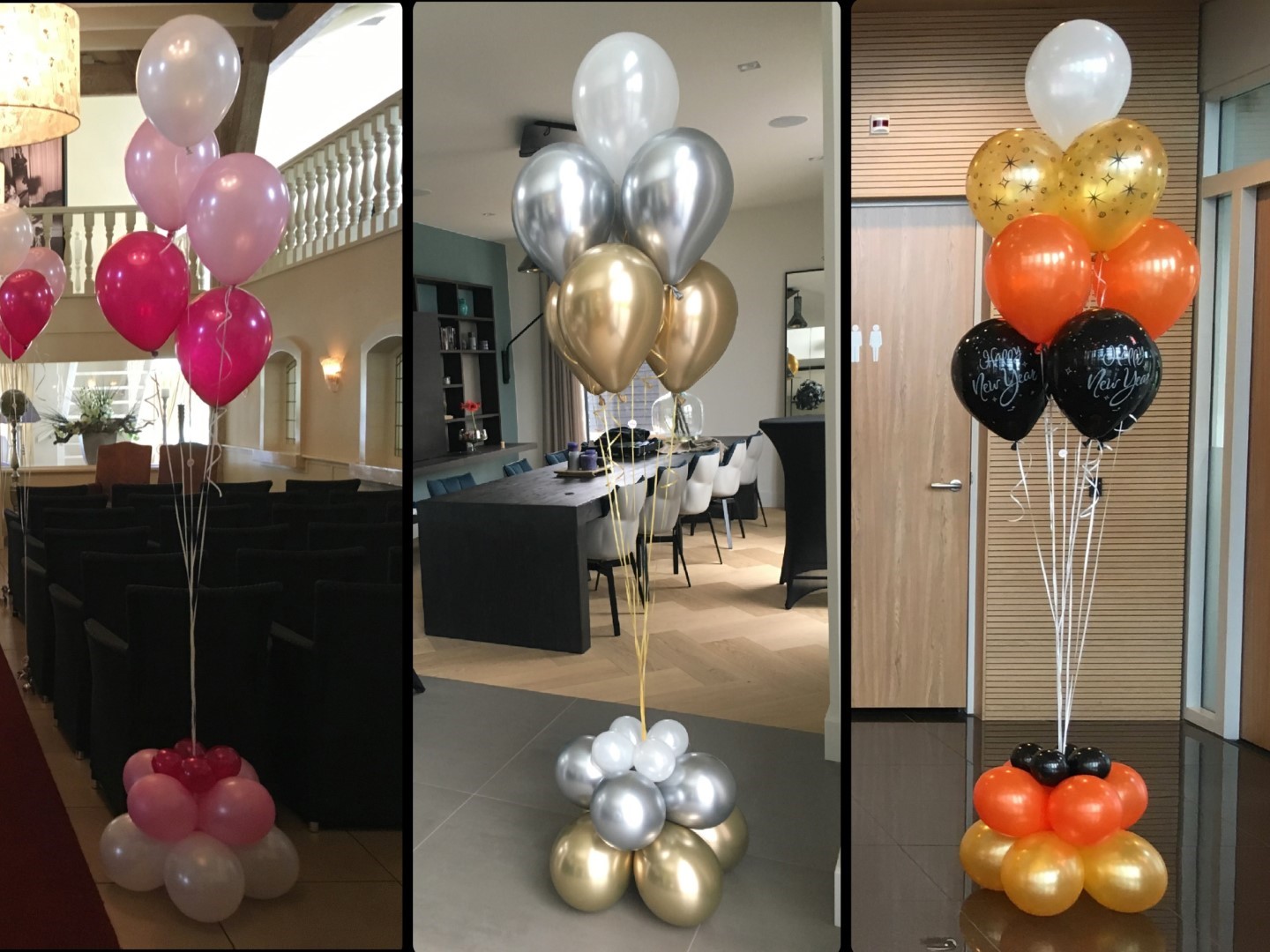 Grondboeketten, samen te stellen met 5, 7, of 10 heliumballonnen aan lint voorzien van een verzwaard grondcluster van ballonnen. Kleursamenstelling is in overleg aan te passen naar uw wensen.