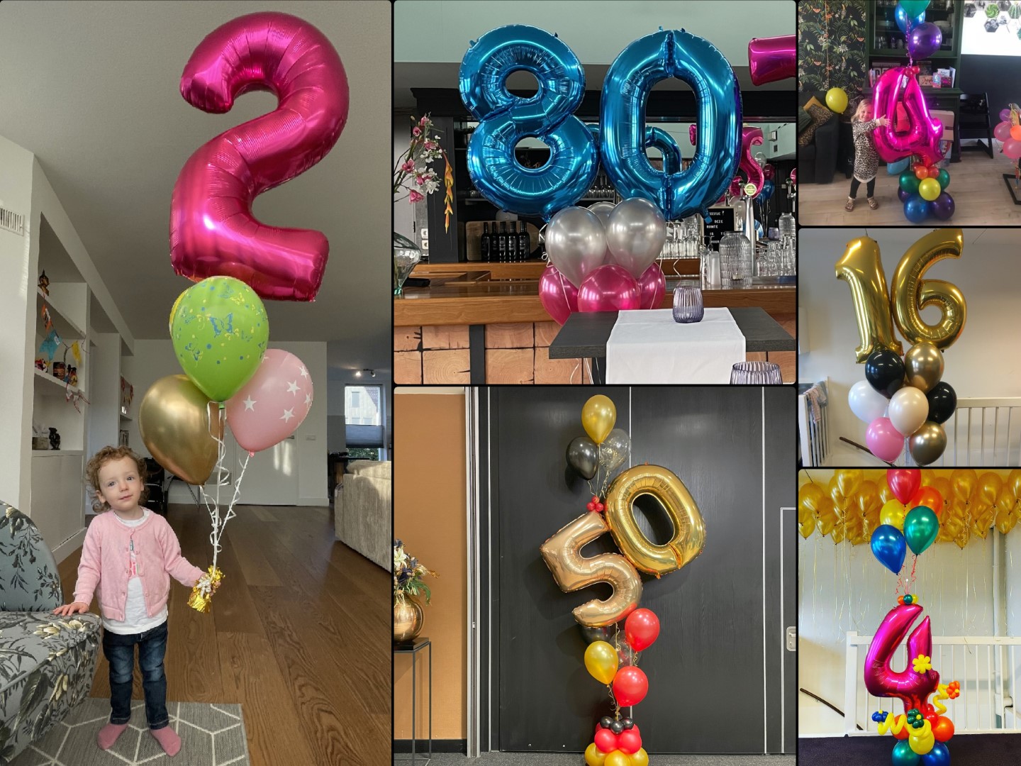 Foliecijfer Boeketten. Grote foliecijfers in een boeket met heliumballonnen verwerkt. In overleg verkrijgbaar in verschillende uitvoeringen.