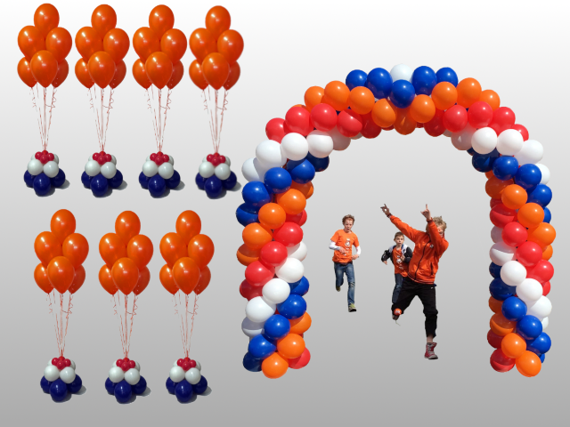 1 ballonnenboog samen met 7 helium grondboeketten met 7 heliumballonnen en een verzwaard grondcluster van ballonnen