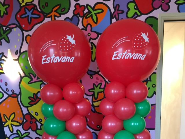 Topballonnen van pilaar bedrukt met lancering van nieuwe aardbeidensoort